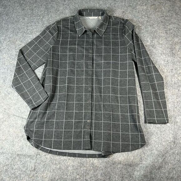 Soft Surroundings Tunic Top Womens XL Windowpane Plaid Gray Button Down Shirt - Picture 1 of 9